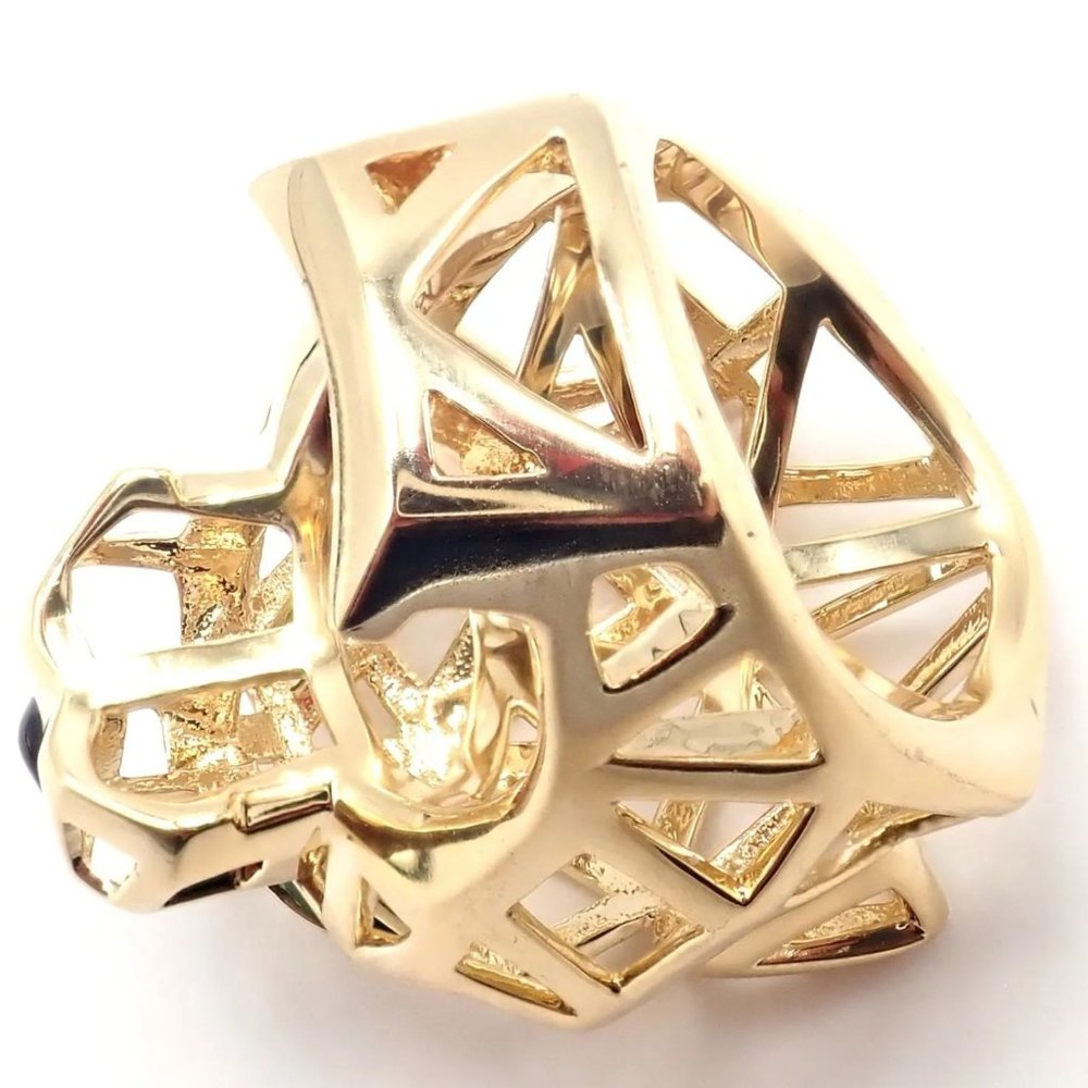 Authentic! Cartier Panther Panthere 18k Yellow Gold Tsavorite Onyx Large Ring - Picture 10 of 12